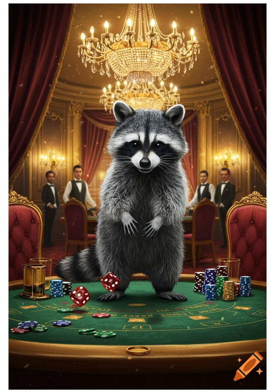 A fluffy raccoon stands upright on a green craps table, surrounded by casino chips and dice, in a lavish casino with elegant chandeliers and human onlookers.