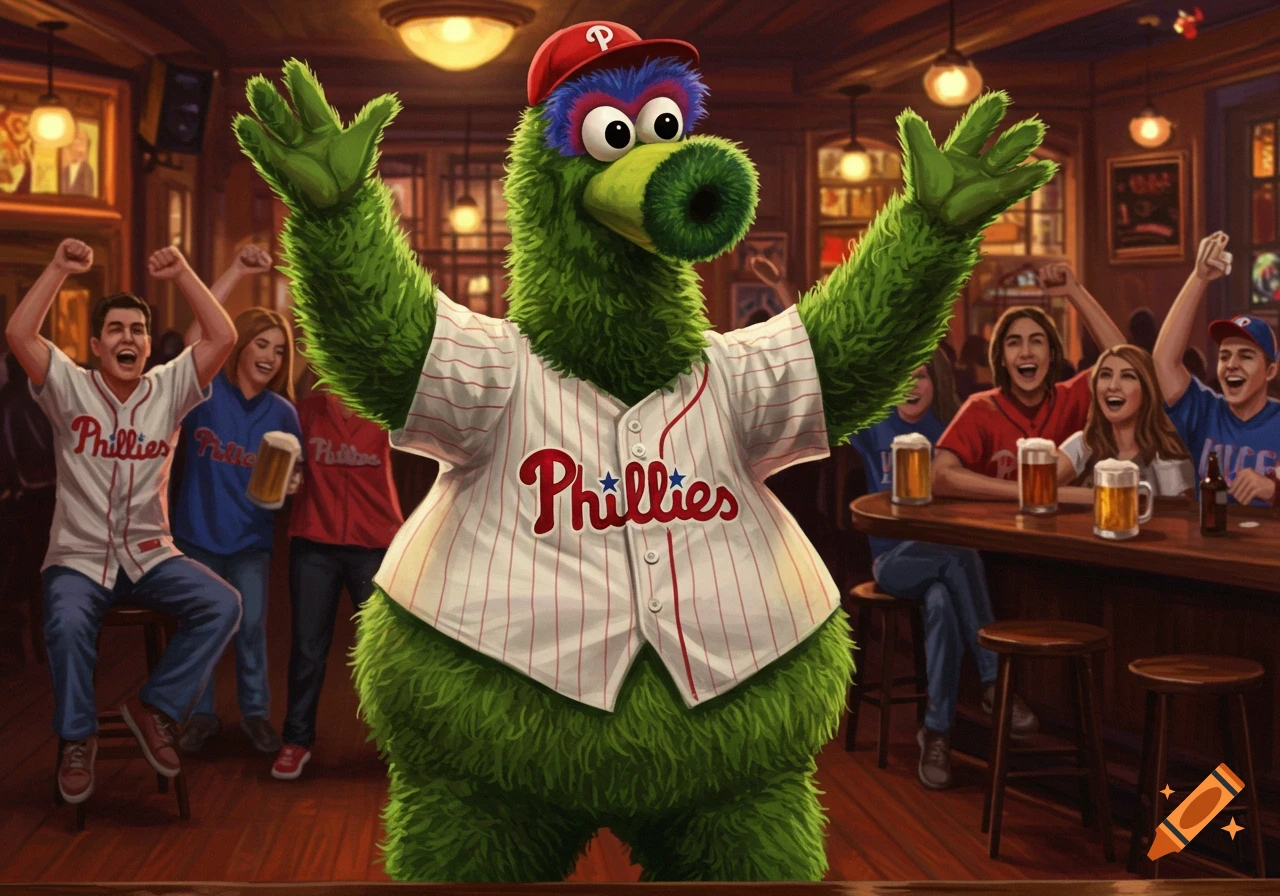 The Philadelphia Phillies mascot, the Phanatic, in a baseball jersey, stands in a crowded bar with its arms raised as cheering fans watch.