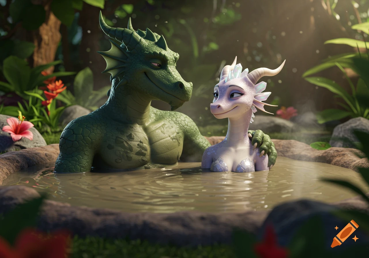 A green male dragon and a white female dragon happily relaxing in a mud hot tub in a lush jungle setting, 3D animation.