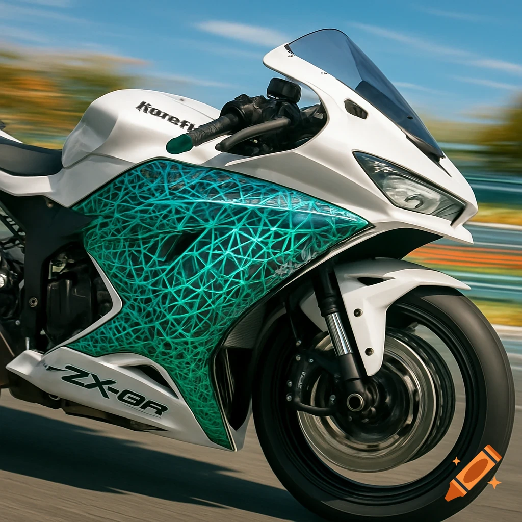 A white sport motorcycle with a turquoise geometric pattern on its fairing speeds down a racetrack under a blue sky.