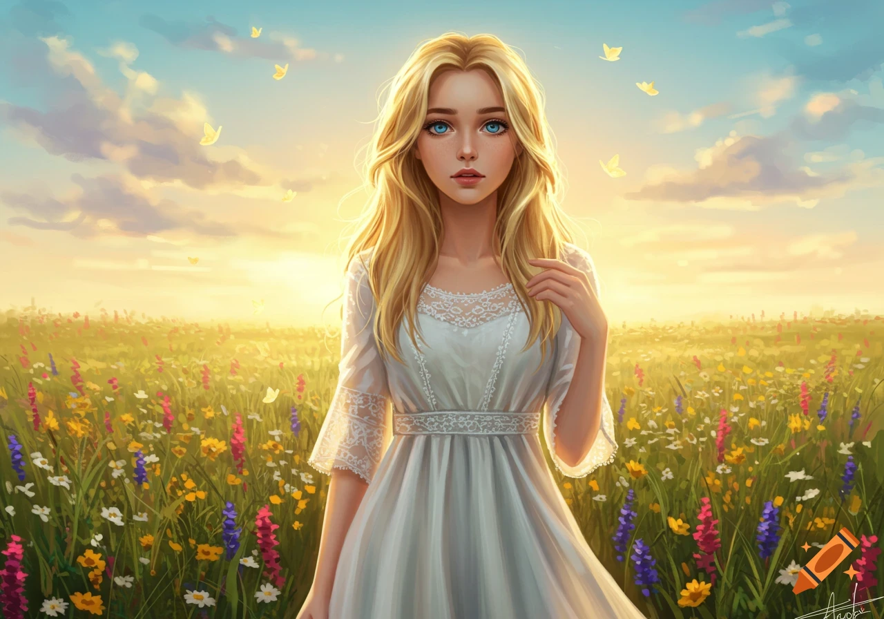 A digitally painted portrait of a blonde woman in a white dress standing in a sunlit wildflower field with butterflies.