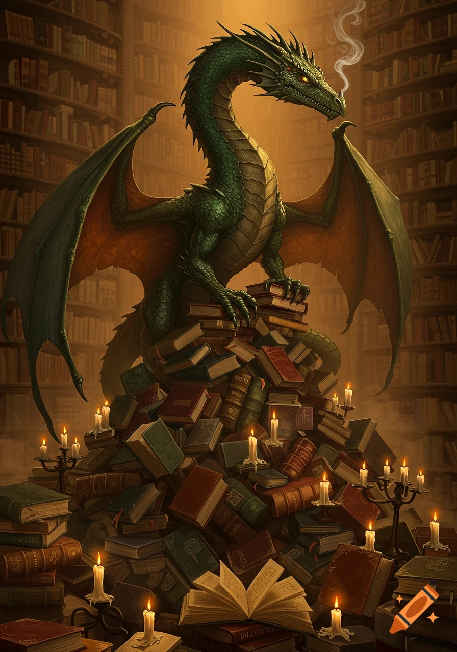 A majestic green dragon with spread wings sits atop a huge pile of old books surrounded by lit candles and dark bookshelves.