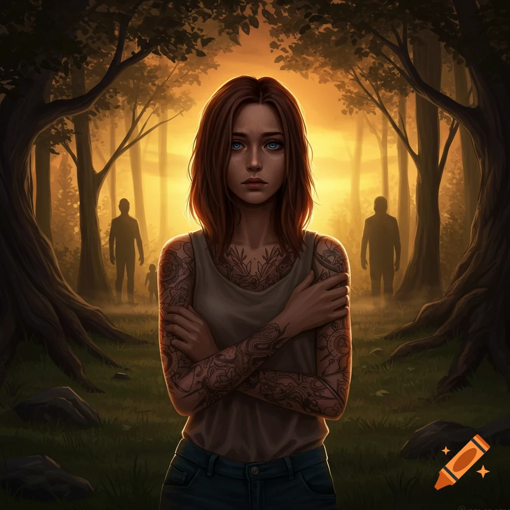A sad woman with blue eyes and intricate tattoos stands in a dark forest at sunset, with shadowy figures in the background.