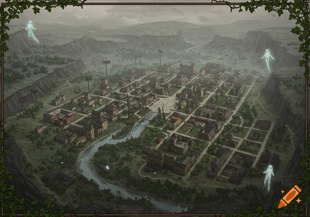 An illustrated fantasy map depicting an abandoned city nestled in a valley with a winding river and ghostly figures, surrounded by mountains.