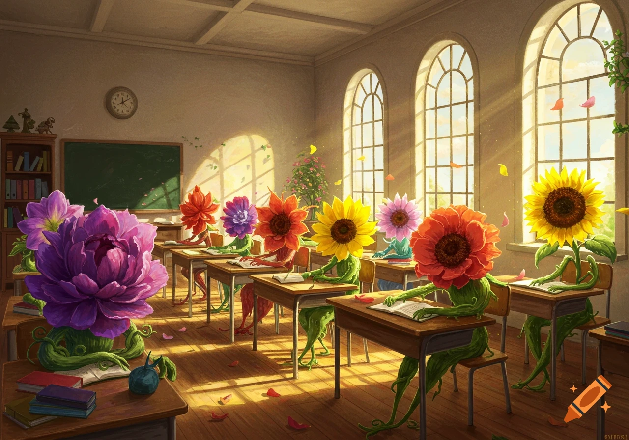 Anthropomorphic flowers with vine bodies sit at desks in a sunny classroom, reading books.