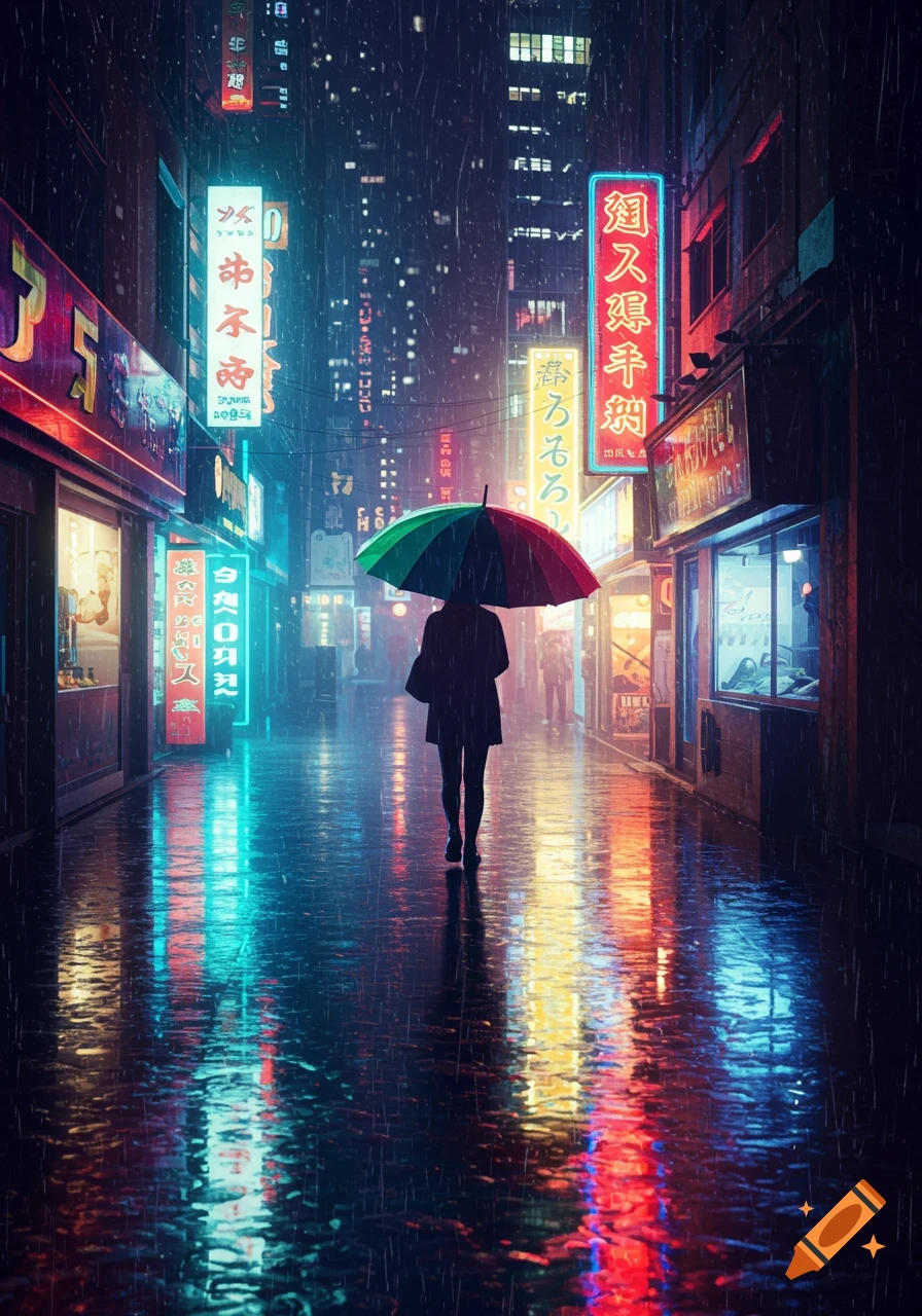 A person walks under a green and red umbrella on a rainy, neon-lit city street at night, with reflections on the wet pavement.
