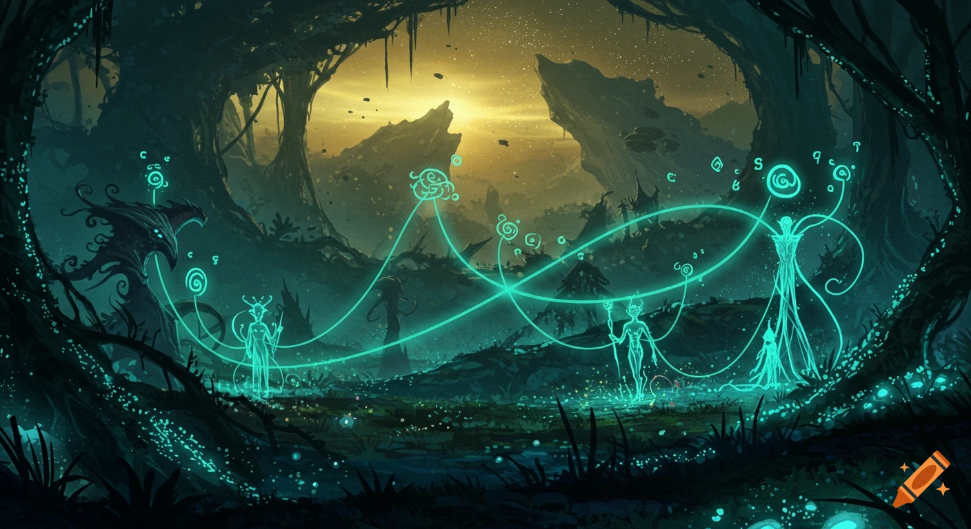 A dark, lush alien forest glows with luminous turquoise tendrils connecting abstract, floating symbols and tall, ethereal figures beneath a golden, starlit sky.