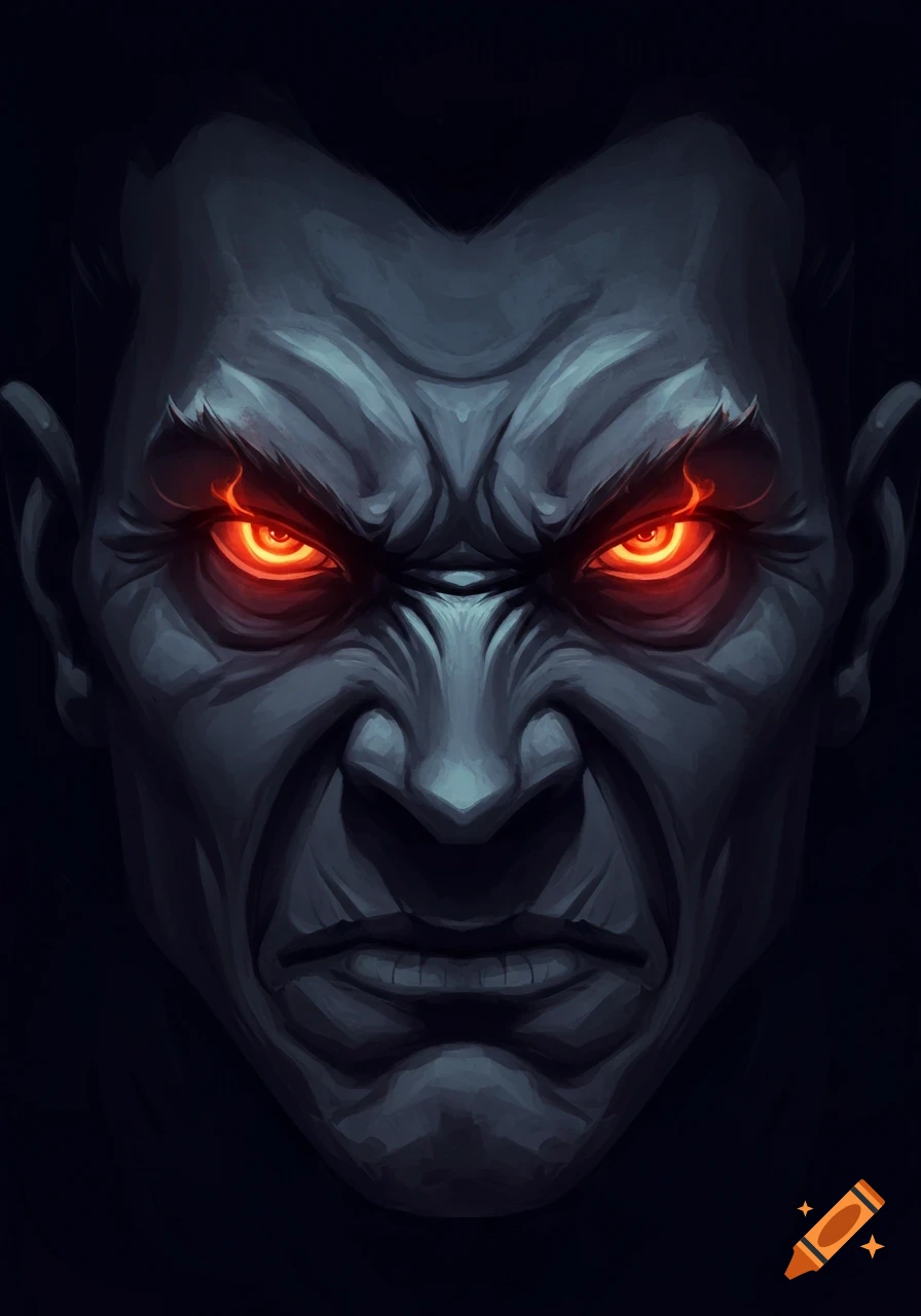 Close-up digital painting of a menacing dark gray face with glowing red eyes and a scowl.