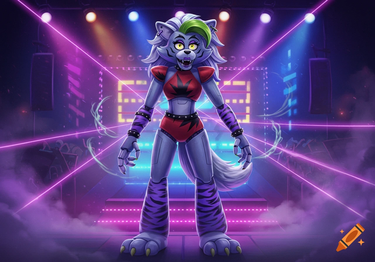 Roxanne Wolf, a grey animatronic wolf with green hair and yellow eyes, stands on a stage with neon purple lasers and lights.
