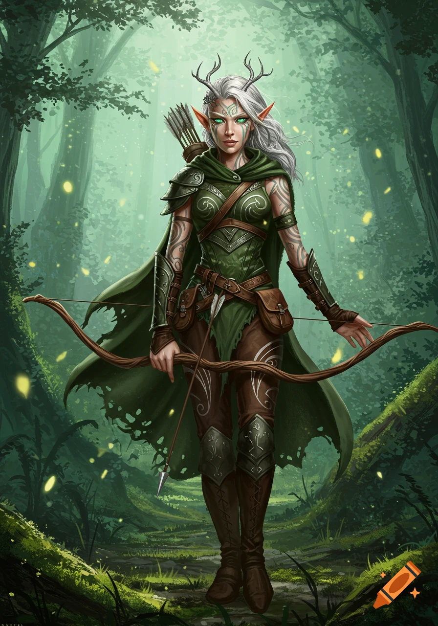 A gray-haired female elf ranger with tattoos, wearing green and brown armor and holding a bow, stands in a magical forest.