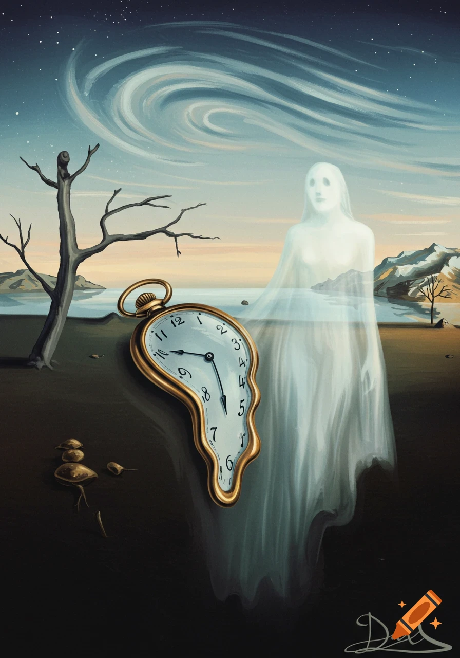 Surreal Dali-style painting with a melting pocket watch, a transparent ghost, a barren tree, and a starry sky.