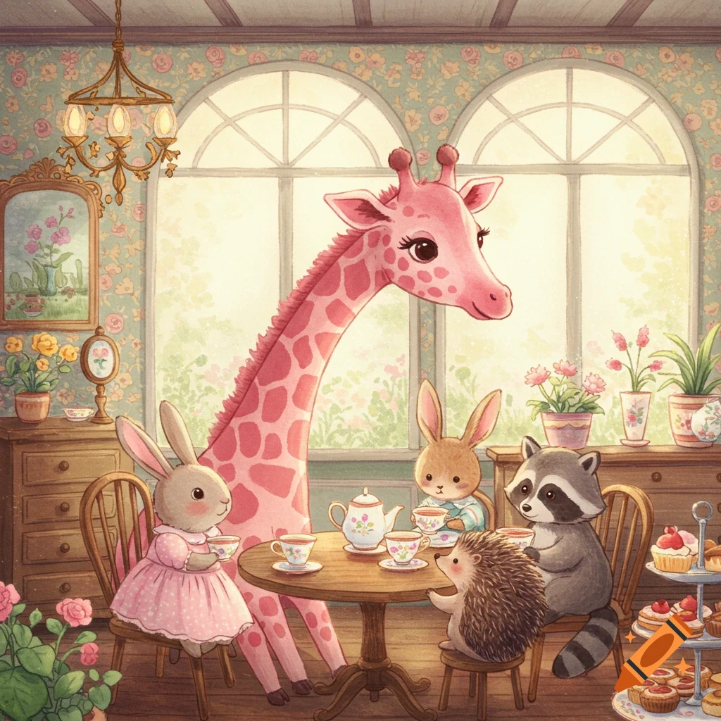 A whimsical watercolor illustration of a pink giraffe, two rabbits, a hedgehog, and a raccoon having a tea party in a cozy room with floral wallpaper.