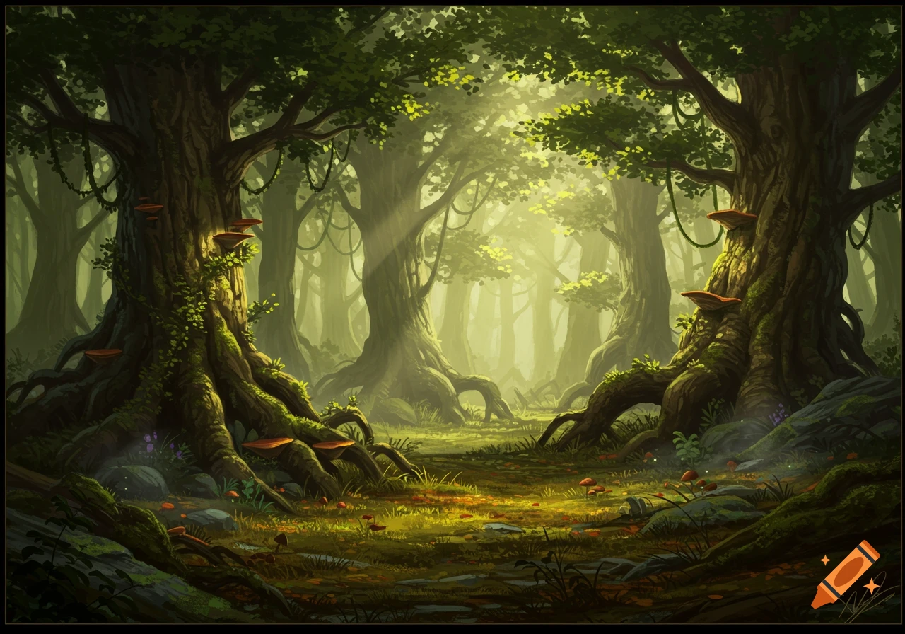 Lush, sun-dappled fantasy forest with large gnarled trees, exposed roots, and mushrooms on a misty forest floor.