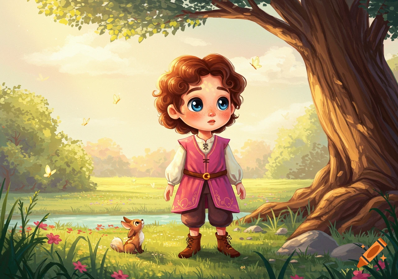 A cartoon child in a pink tunic stands in a sunny meadow with a small fox, a stream, and a large tree, in an illustrated style.