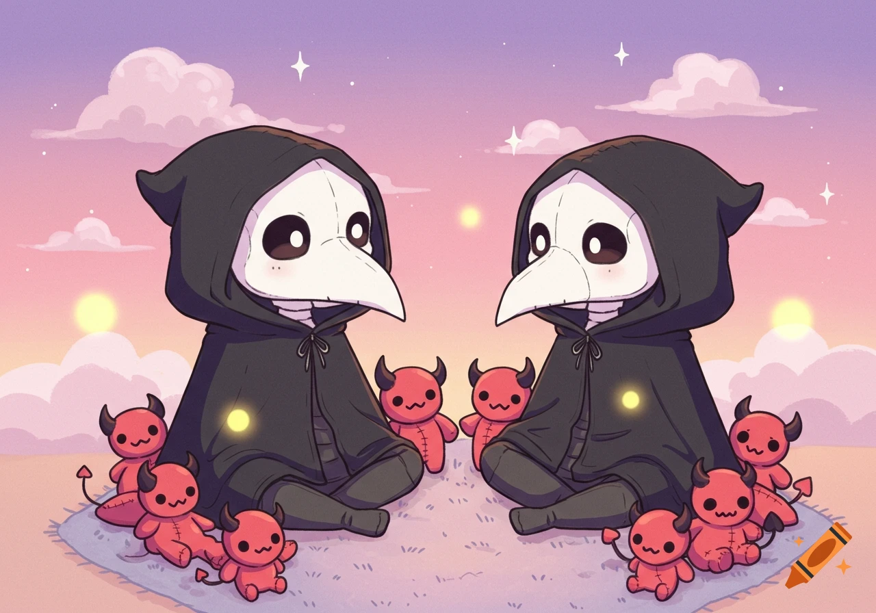 Two cute chibi plague doctors with big eyes sit on a rug, surrounded by small red demonic plush toys under a pastel sky.