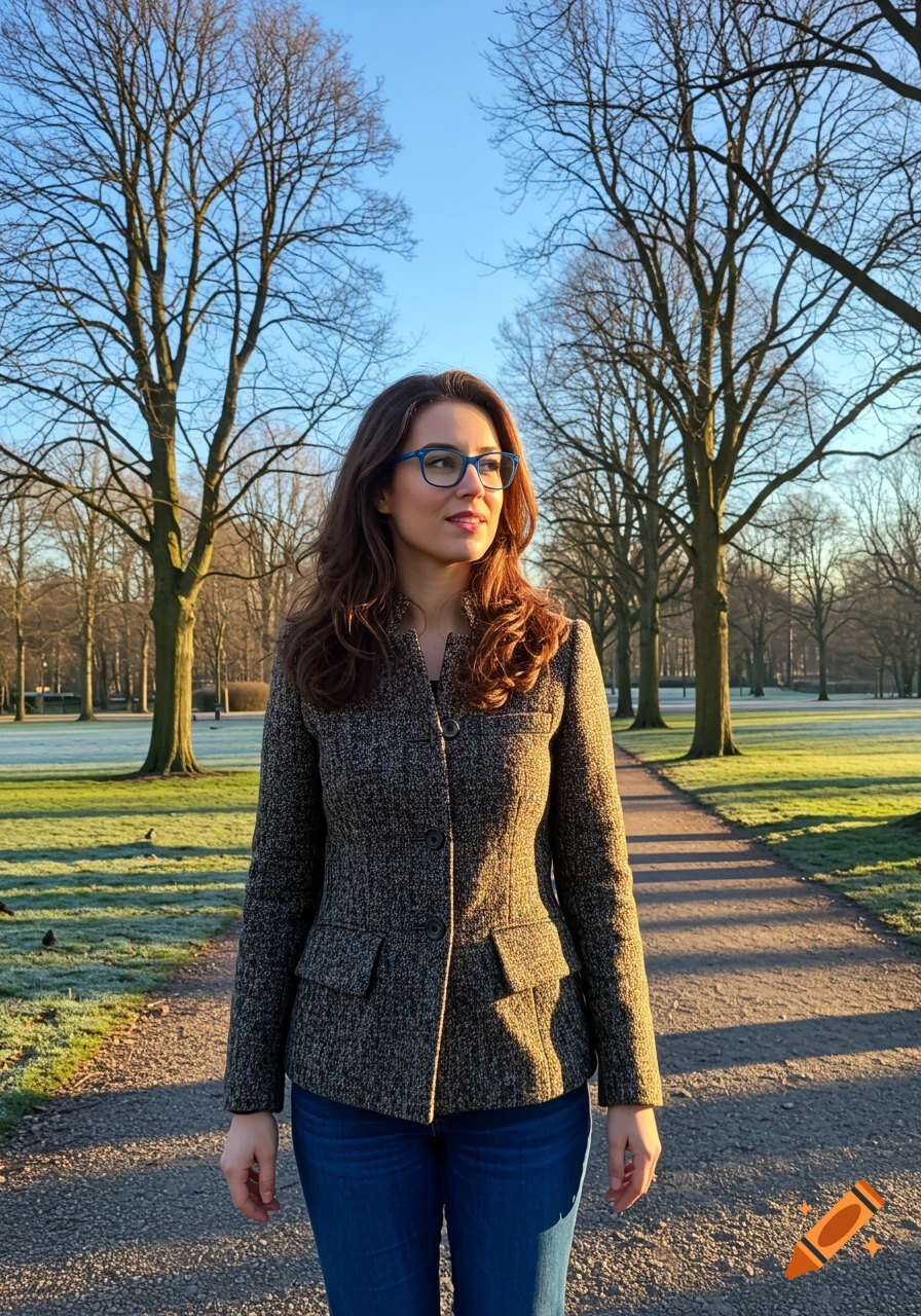 A woman with brown hair and blue glasses, wearing a tweed jacket and jeans, walks on a path in a sunny winter park.