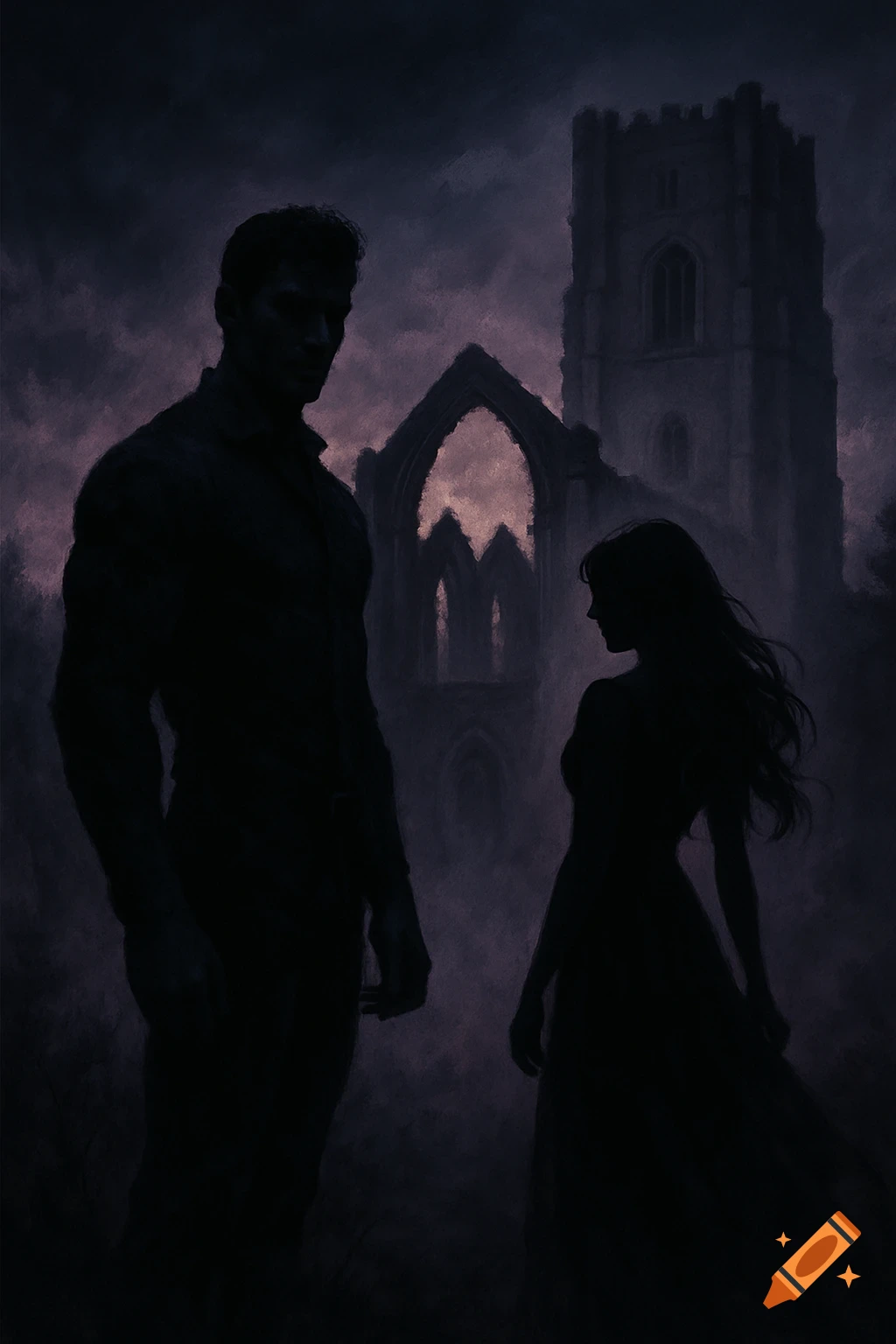 Dark digital painting of a muscular man and a slender woman in silhouette, standing before the ruins of an old abbey under a twilight sky.