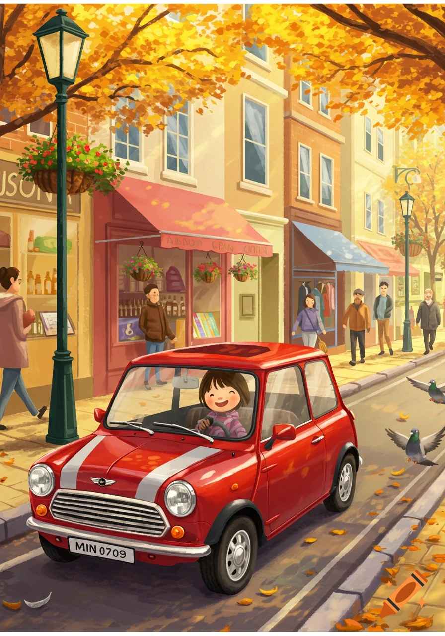 A smiling cartoon child drives a red Mini Cooper on an autumn city street with shops and pedestrians, leaves scattered on the ground.