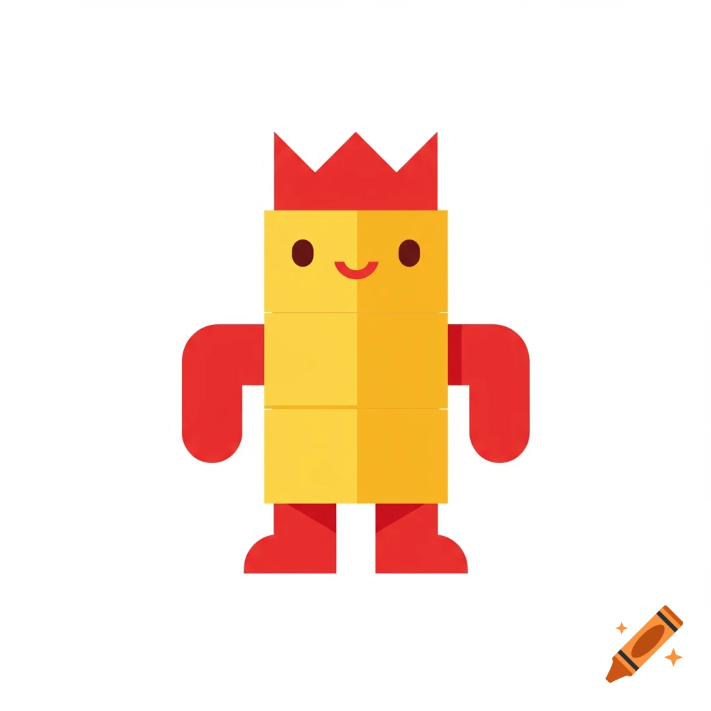 A simplistic cartoon character made of three yellow blocks with red limbs and a red crown, on a white background.