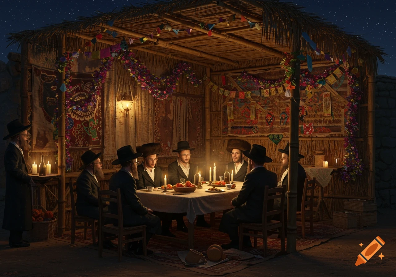 Orthodox Jewish men in traditional attire sitting around a table with candles and fruit inside a decorated sukkah under a starry night sky.
