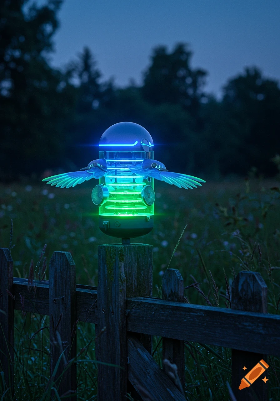 A futuristic glowing bird-scaring device with blue and green lights mounted on a wooden fence post in a dark, grassy field at twilight.