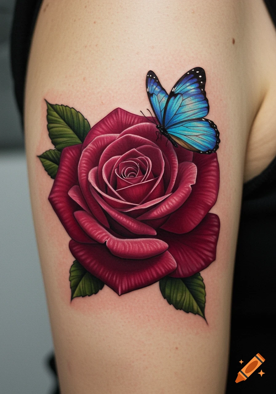 A vibrant red rose tattoo with a blue butterfly perched on it, inked on a person's arm.