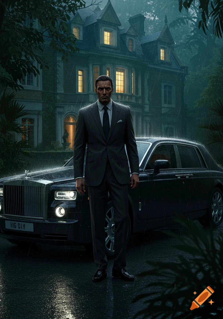 A photorealistic image of a stern man in a dark suit standing in front of a black luxury car and a grand mansion on a rainy night.