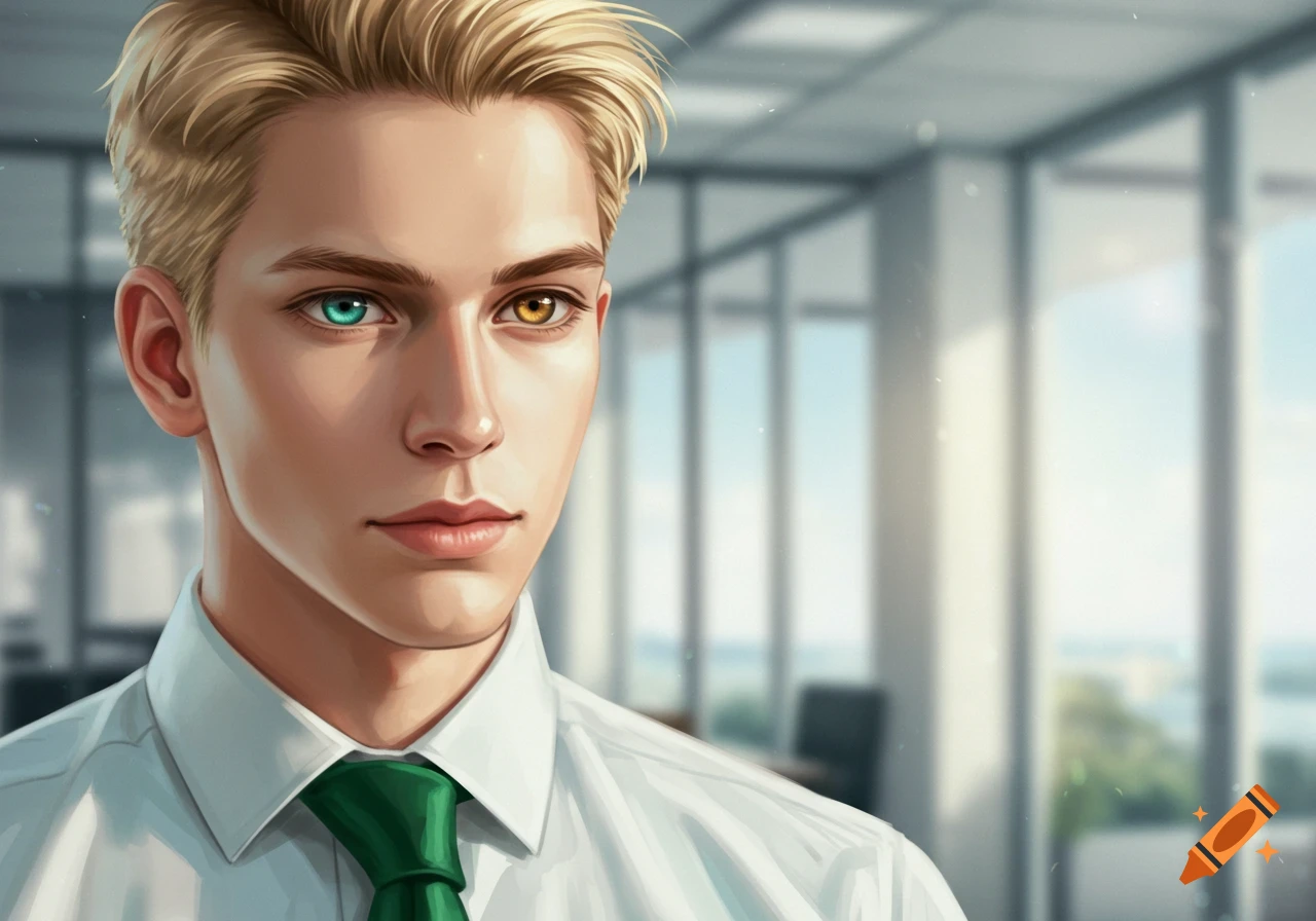 Digital art portrait of a young man with short blond hair and heterochromatic eyes, wearing a white shirt and green tie in an office.