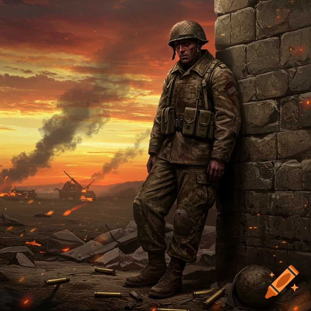 A weary soldier in camouflage leans against a stone wall amidst a fiery, smoke-filled warzone at sunset, with spent shell casings on the ground.