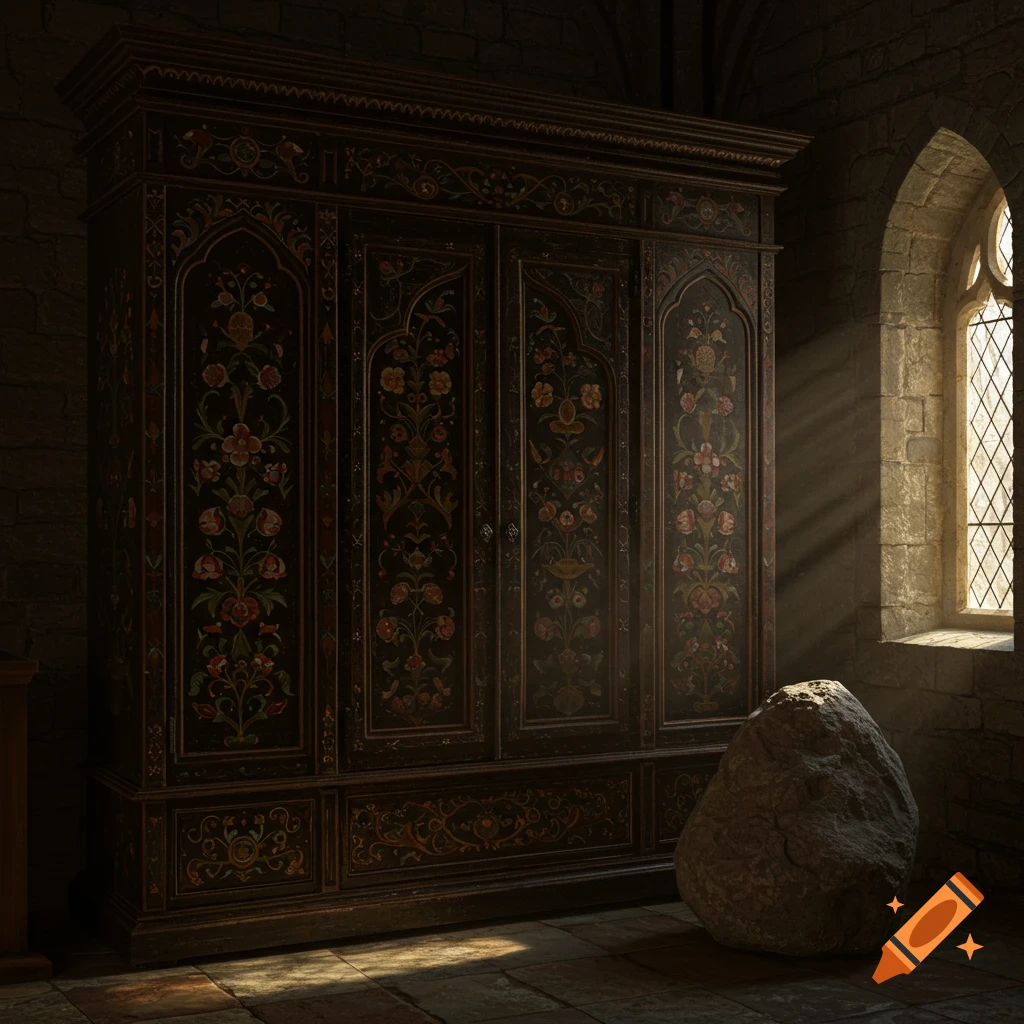 An ornate dark medieval wooden wardrobe and a large rock in a stone room with sunlight streaming from an arched window.