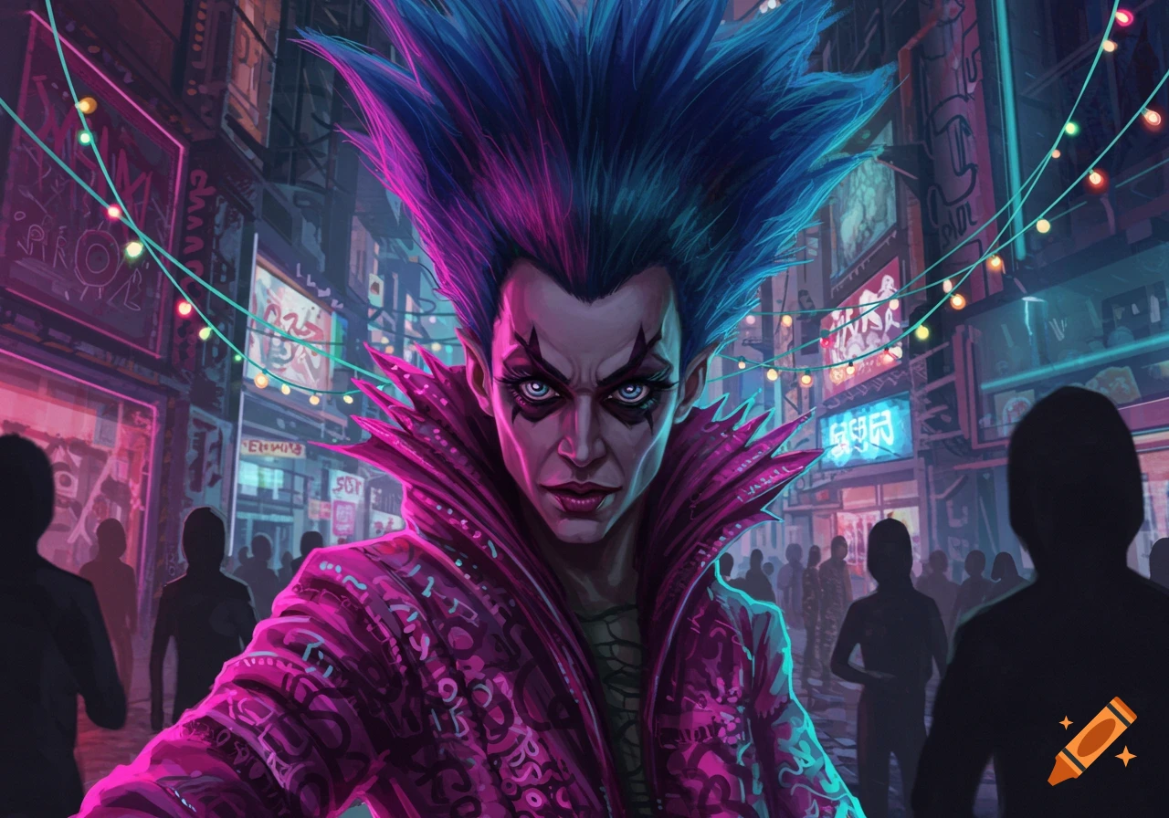 A person with spiky blue and pink hair, dramatic makeup, and a spiked magenta coat stares intensely in a neon-lit cyberpunk city street.