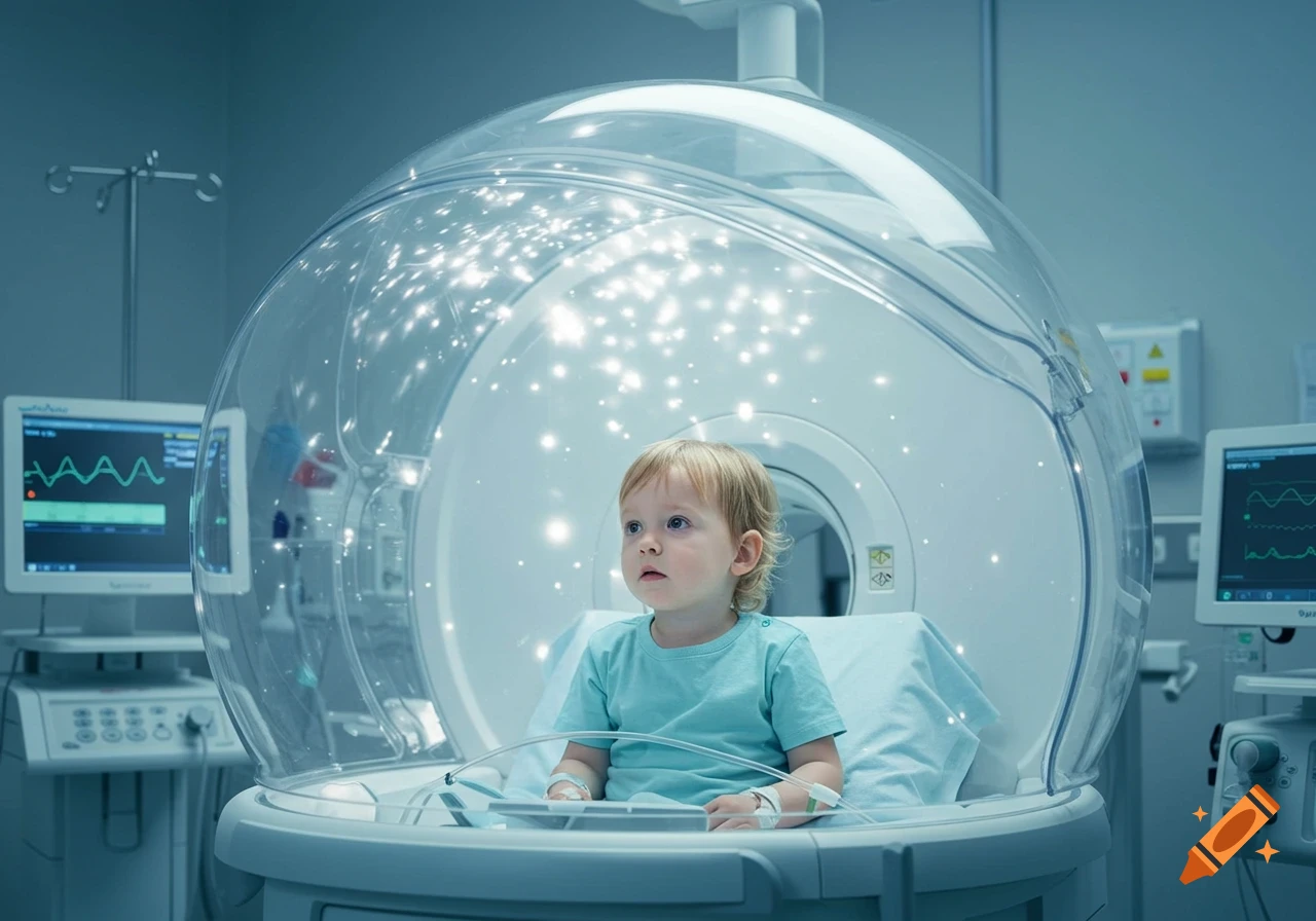 A photorealistic child sits in a futuristic transparent medical capsule with glowing lights, monitors displaying waveforms in the background.