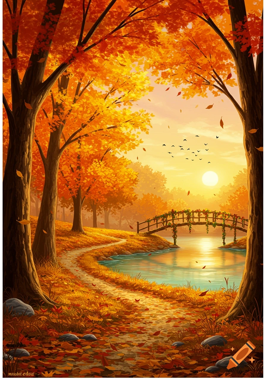 A vibrant illustration of an autumn forest with orange and yellow trees, a winding path, a river, a wooden bridge, and a sunset.