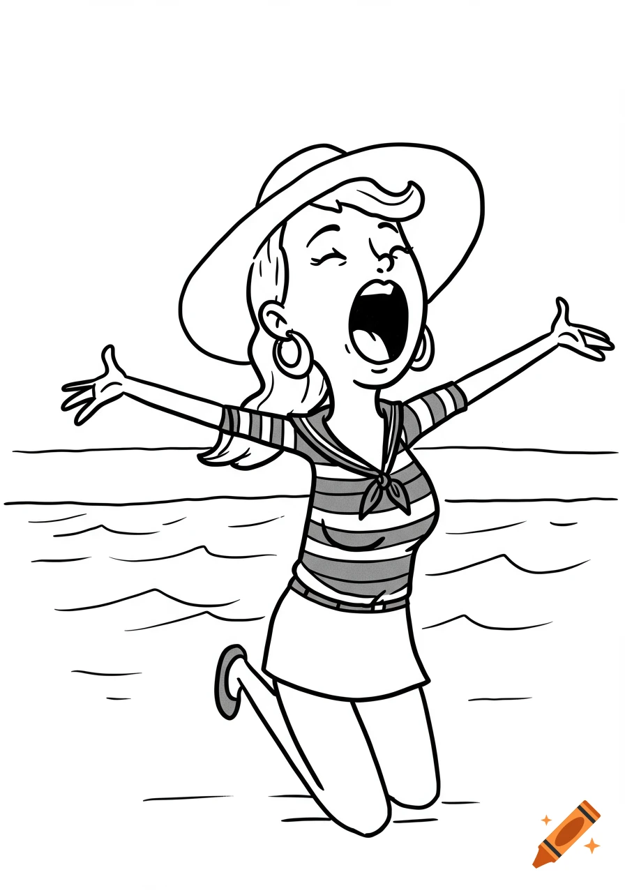 Black and white cartoon of a woman in a wide-brimmed hat, striped top, and skirt, jumping and yelling joyfully at the beach.