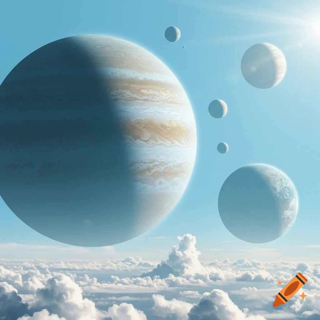 Immense, colorful planets, including a large banded one, float in a bright blue sky above fluffy white clouds with a sun glare.