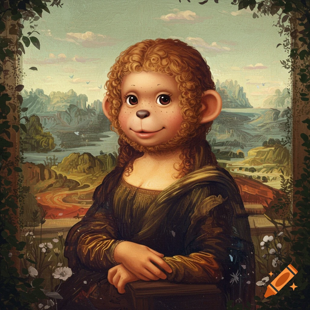 A painting depicting the Mona Lisa with the head of a cute, curly-haired monkey, framed by vines.
