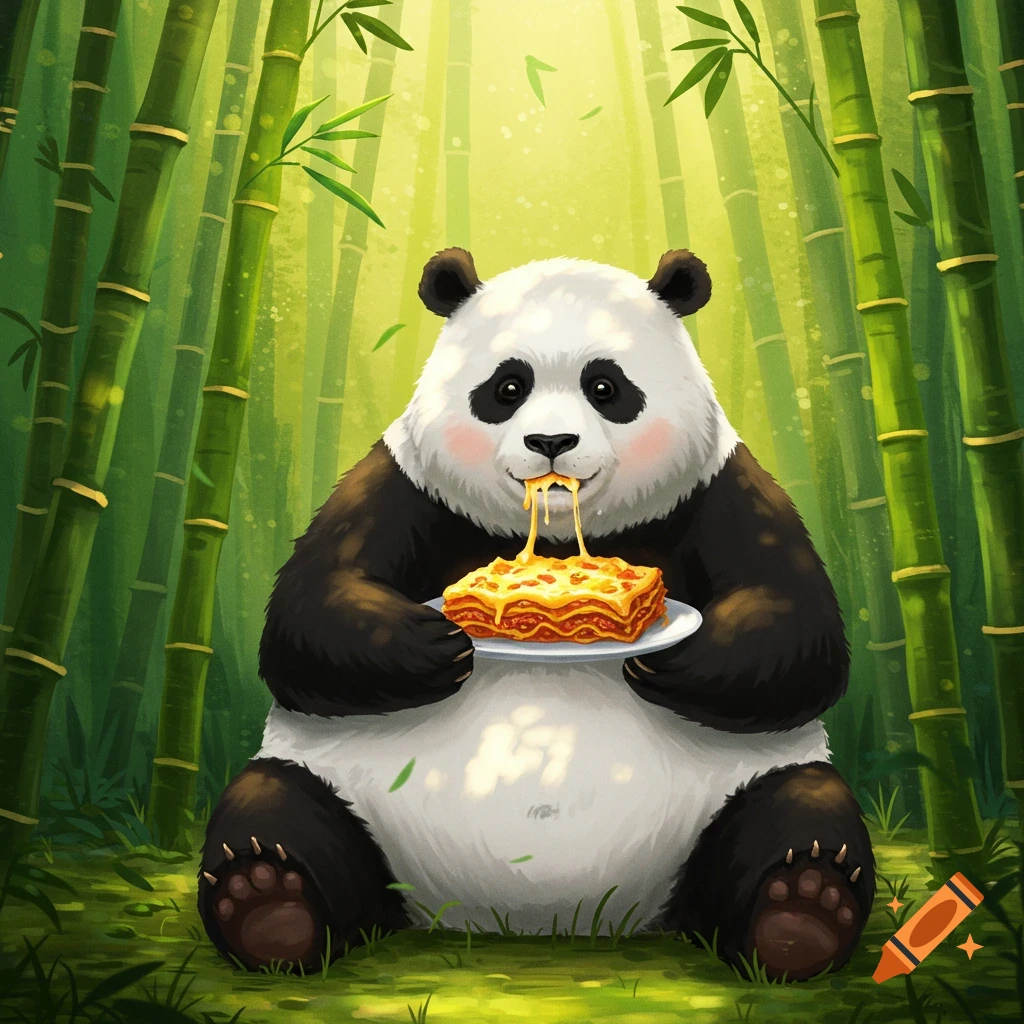 A cute cartoon panda eats cheesy lasagna with stringy cheese in a lush bamboo forest.