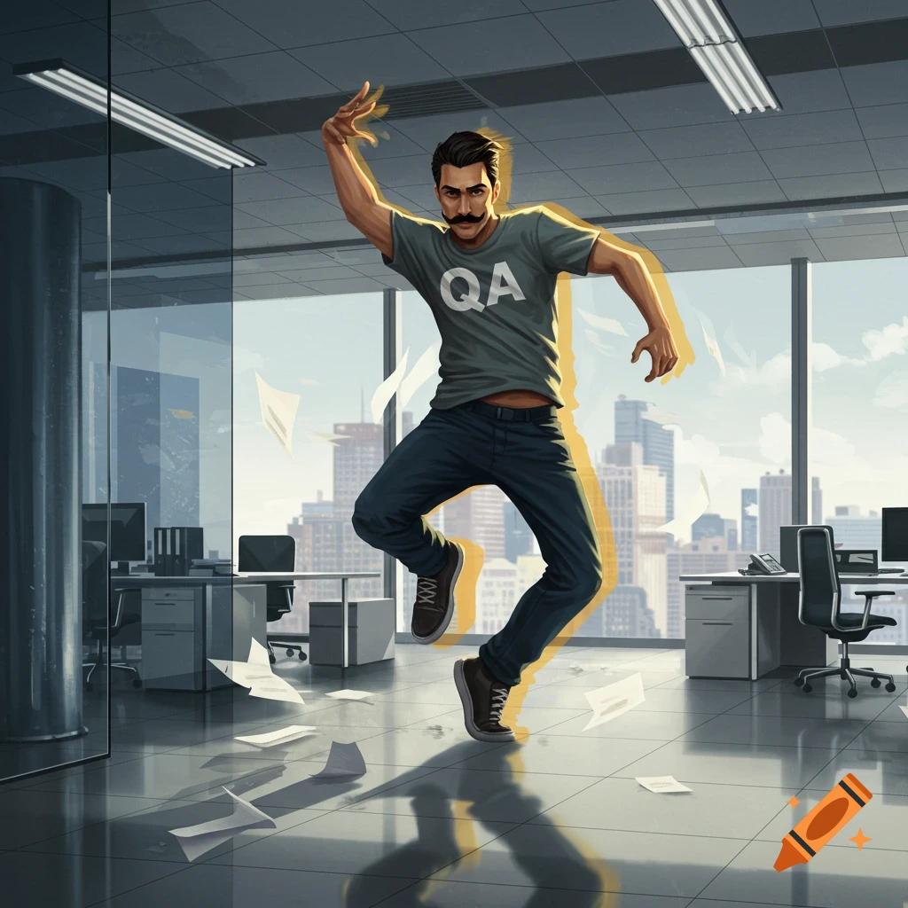 An illustrated man with a mustache and a 'QA' shirt breakdancing in a modern corporate office with a city view.