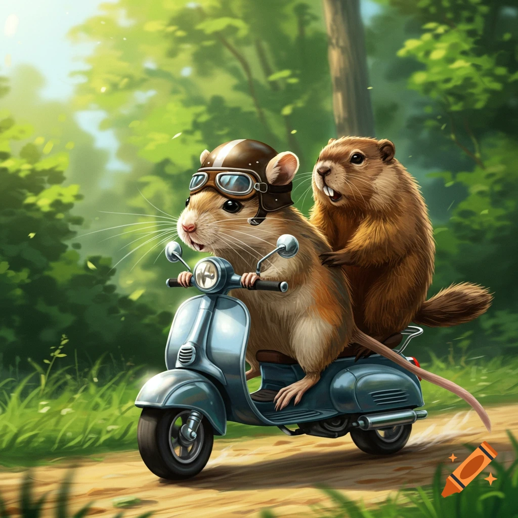A cartoon gerbil wearing a helmet rides a blue scooter with a woodchuck on the back through a sunlit forest.