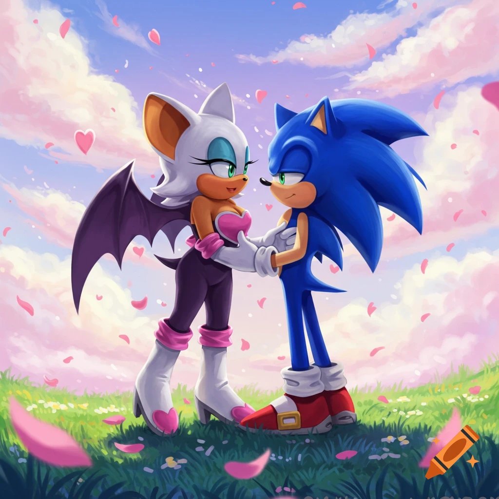 Rouge the Bat and Sonic the Hedgehog hold hands in a field with pink petals and hearts under a pastel sky, looking lovingly at each other. Anime style.