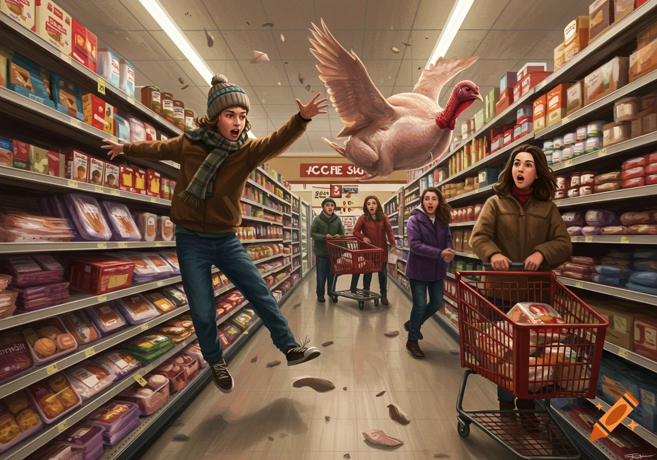 An illustrated scene of a giant turkey flying through a grocery store, causing panic among shoppers.