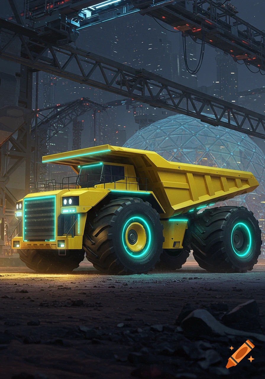A futuristic yellow dump truck with glowing blue lights on its wheels and front in an industrial, cyberpunk city at night.