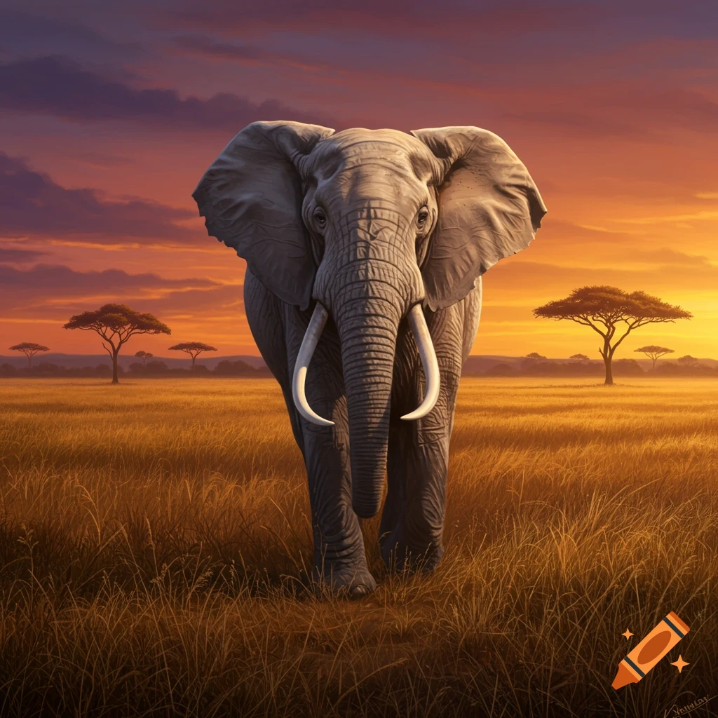 An elephant with large tusks stands front and center in a golden savanna field at sunset, with acacia trees in the distance.