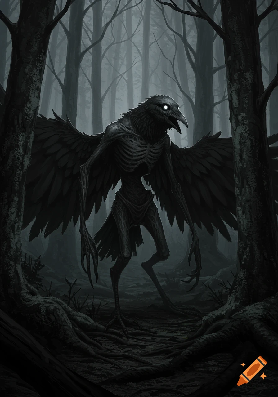 A skinny, black crow monster with glowing white eyes stands upright in a dark, misty forest.