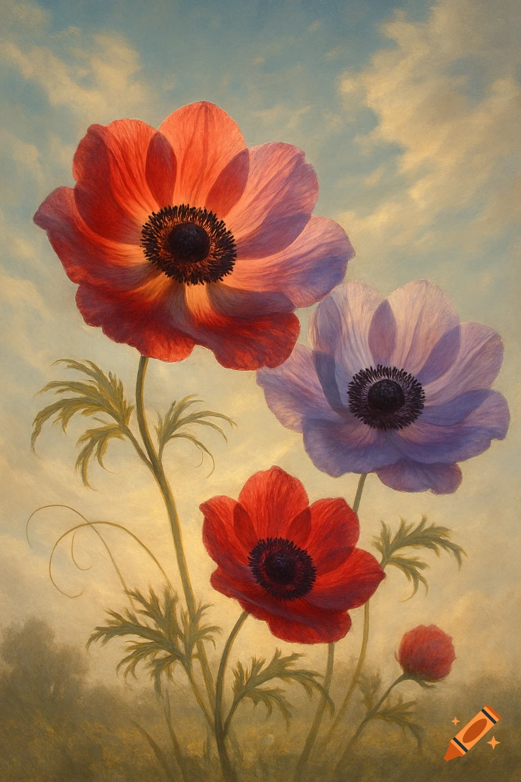 Painterly image of red and purple anemone flowers against a soft, cloudy sky and blurry landscape.