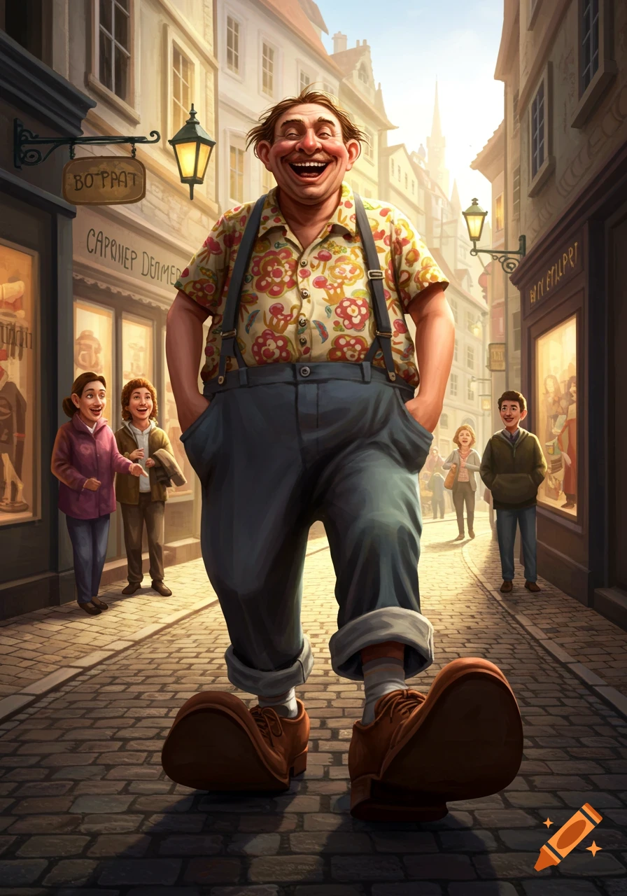 A jovial man with giant shoes, a patterned shirt, and suspenders laughs on a cobblestone street, with people and shops in the background.