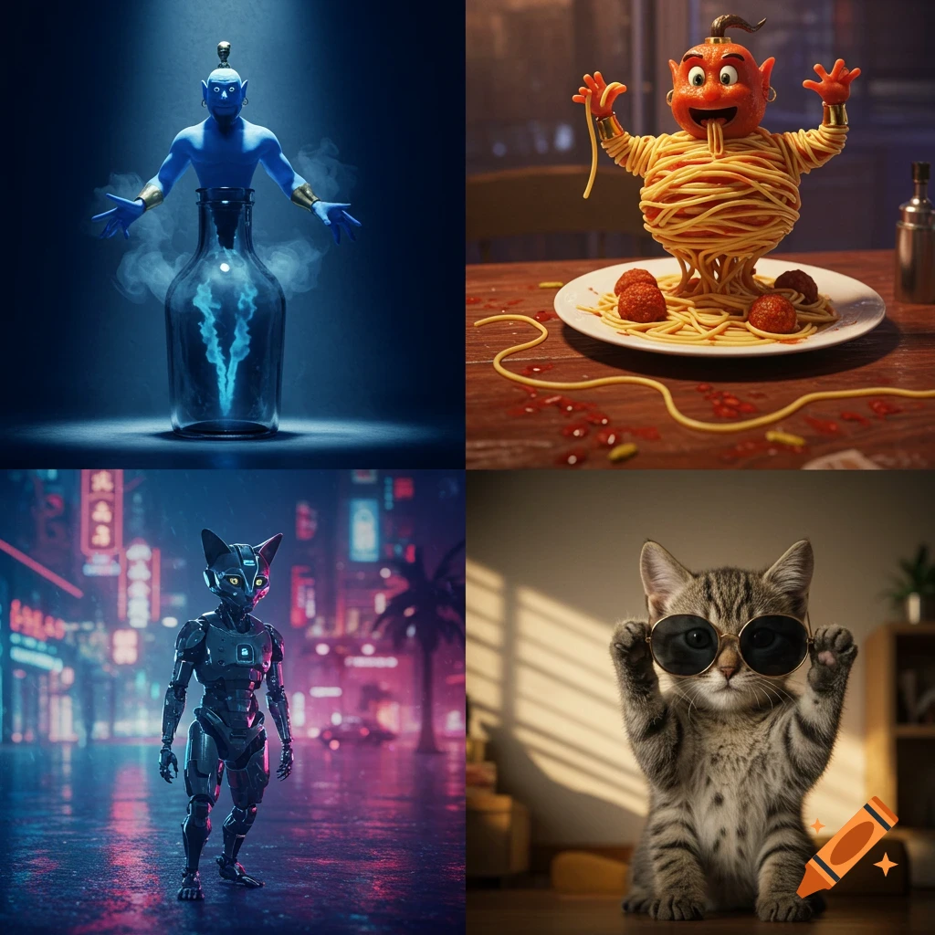 A 2x2 grid of images: a blue genie from a bottle, a spaghetti monster on a plate, a cyborg cat in a neon city, and a tabby cat in sunglasses.