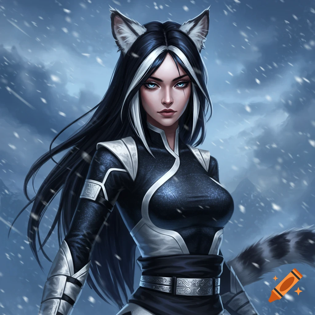 A fantasy woman with snow leopard ears and tail, black hair with white streaks, and ice-blue eyes, wearing a black and white combat suit in a snowy mountain landscape.