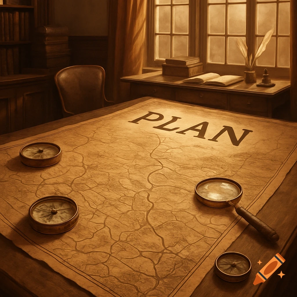 Vintage map with "PLAN" written on it, compasses, and magnifying glass on a wooden table in a study.