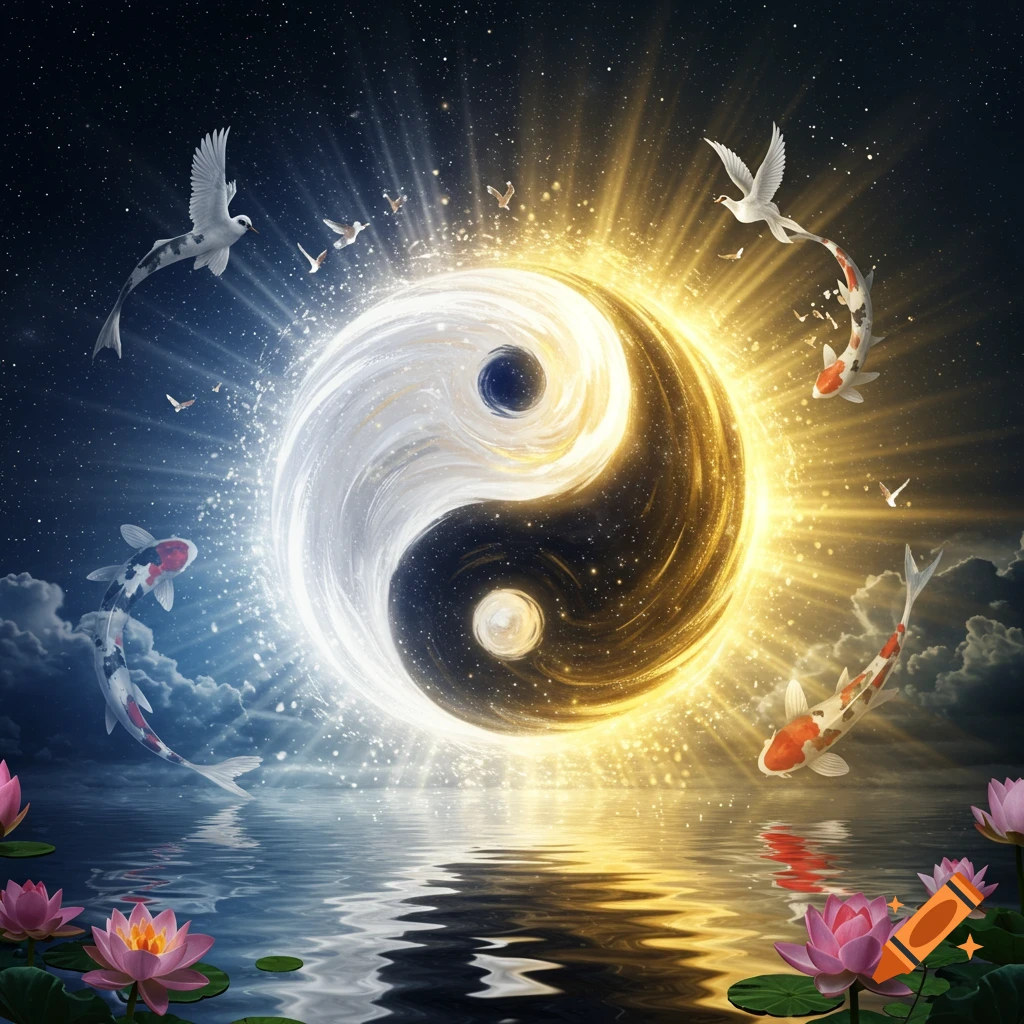 A mystical image of a glowing Yin and Yang symbol with a starry sky, birds, koi fish, and lotus flowers on calm water.